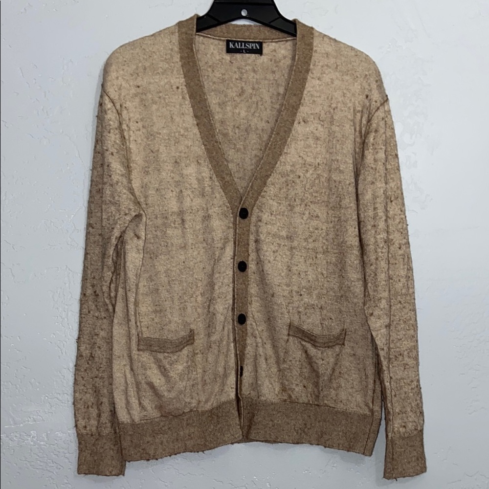 Kallspin Cashmere Wool blend Tan Button Cardigan Sweater V-Neck Ribbed Cuffs
